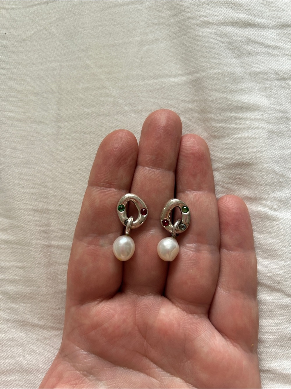 Silver Wolf Circus Pearl Drop Earrings with Red, Blue and Green stones